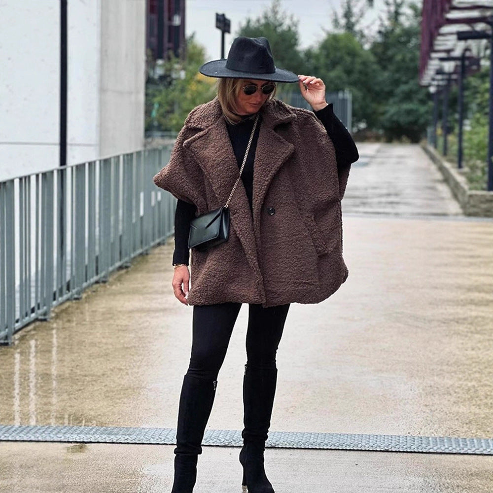 Women's Short Teddy Cape with Shawl Collar and Concealed Button Placket EVA-US
