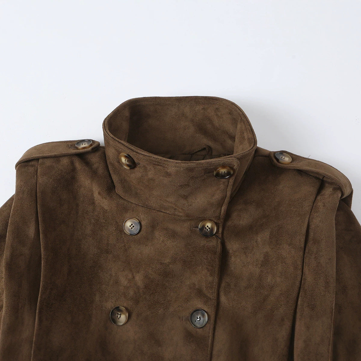 Women Short Double-Breasted Suede Jacket with Stand-Up Collar and Epaulettes EVA-US