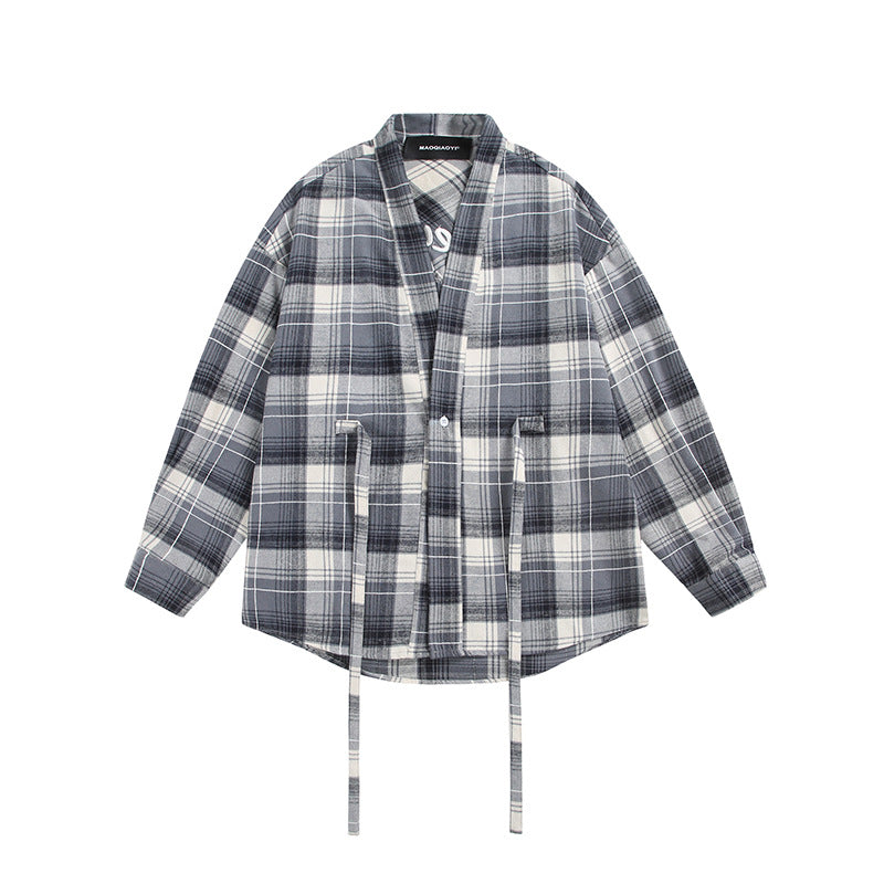 Women's Oversize Check Shirt Jacket with Kimono Cut, Drawstring Ties, and Patch Pockets