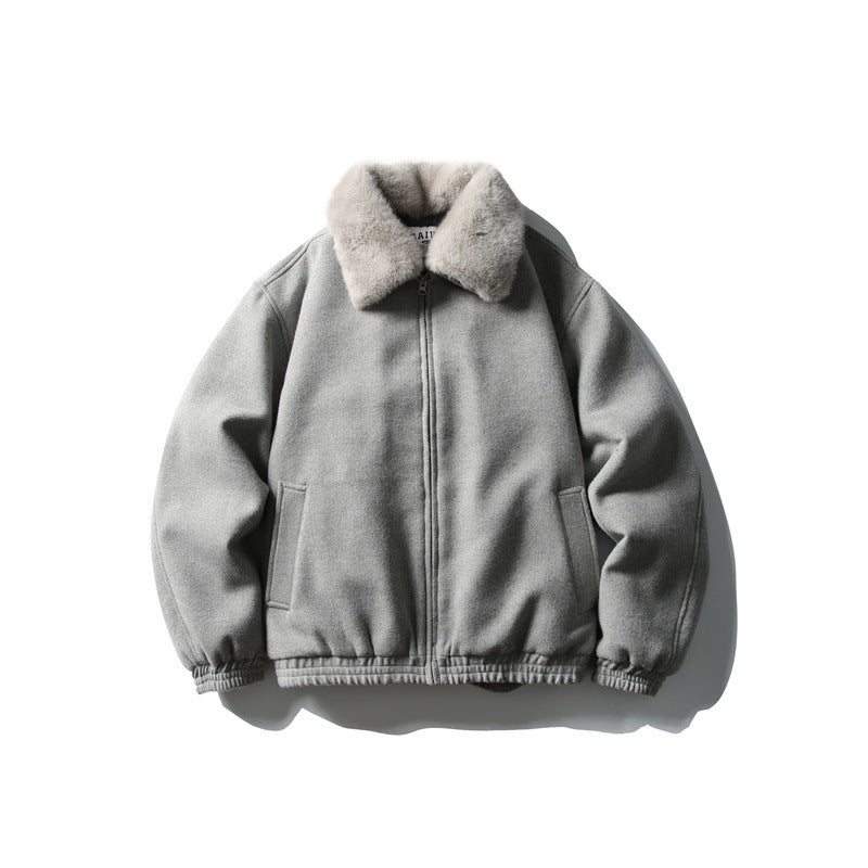 Men's Short Boxy Wool Blend Pilot Jacket with Faux Fur Collar and Elastic Hem EVA-US