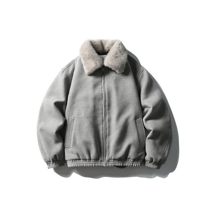 Men's Short Boxy Wool Blend Pilot Jacket with Faux Fur Collar and Elastic Hem EVA-US