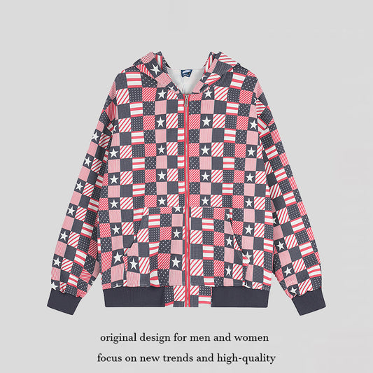 Women’s zip hoodie with allover patchwork stars and stripes pattern EVA-US