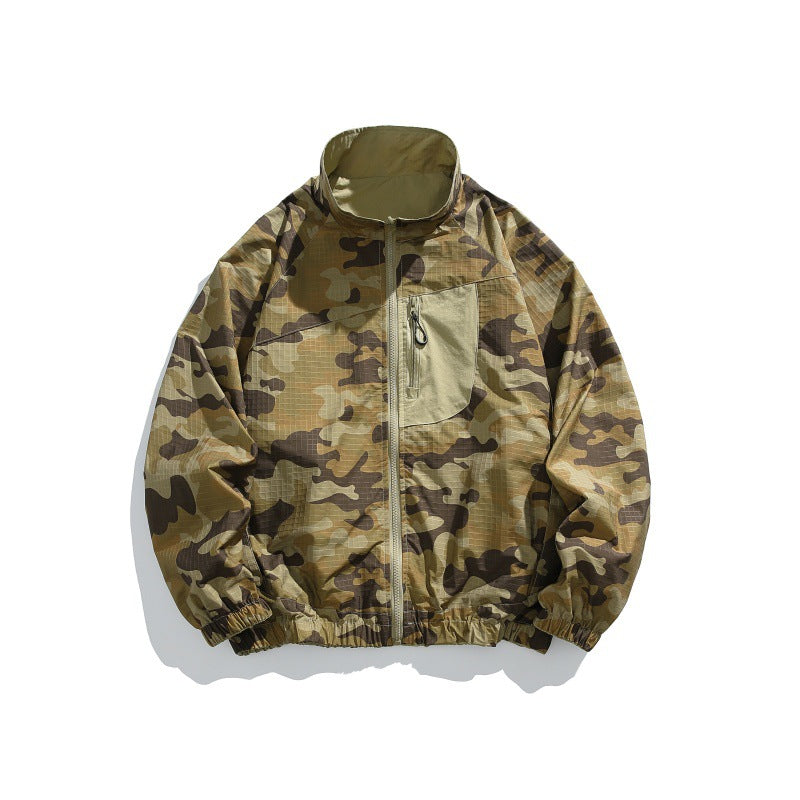 Unisex Lightweight Camo Windbreaker with High Stand Collar, Chest Zip and Elastic Hem EVA-US
