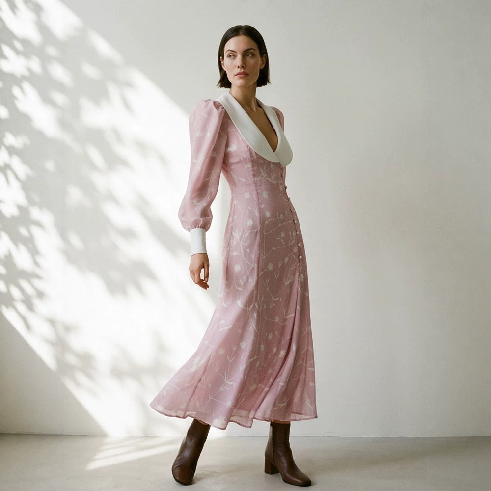 Women’s midi dress with deep shawl collar, puff sleeves and side slit EVA-US