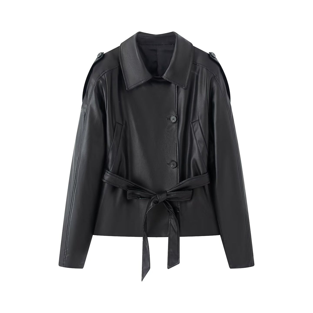 Women's short faux leather trench coat with waist belt and shoulder cape EVA-US
