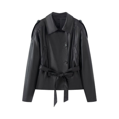 Women's short faux leather trench coat with waist belt and shoulder cape EVA-US