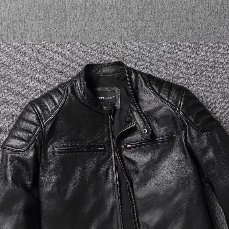Men's leather jacket in vintage biker style with chest pockets and zipper EVA-US