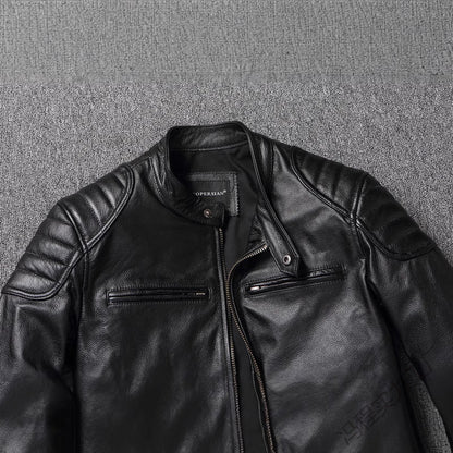 Men's leather jacket in vintage biker style with chest pockets and zipper EVA-US