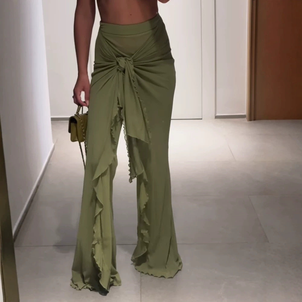 Women High-Waisted Maxi Skirt with Asymmetrical Gather, Knot Detail and Ruffle Split EVA-US