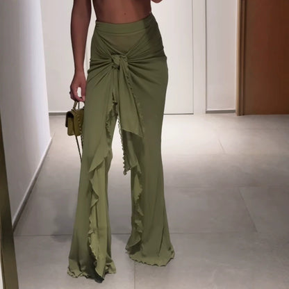 Women High-Waisted Maxi Skirt with Asymmetrical Gather, Knot Detail and Ruffle Split EVA-US
