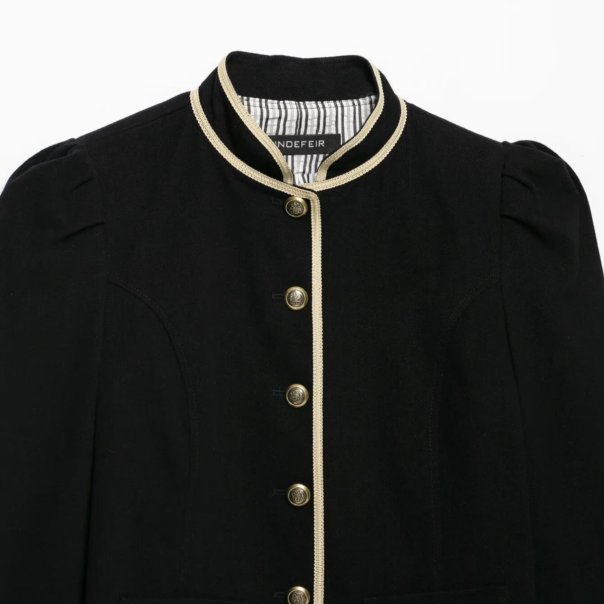 Women Cropped Short Blazer with Stand Collar, Decorative Piping and Medallion Buttons EVA-US