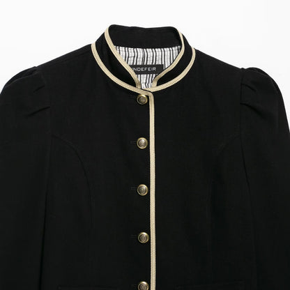 Women Cropped Short Blazer with Stand Collar, Decorative Piping and Medallion Buttons EVA-US