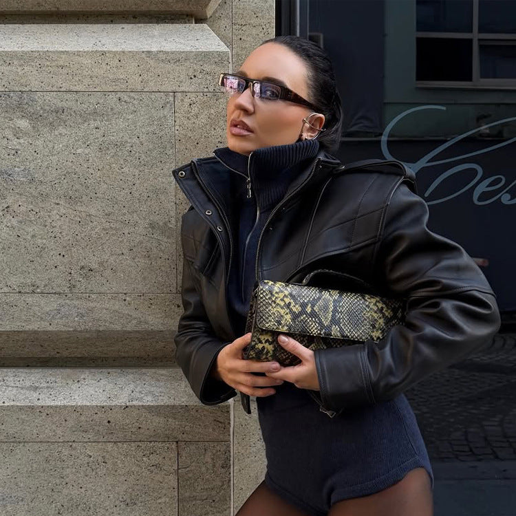 Women Short Vegan Leather Jacket with Distinctive Shoulder Structure and Cropped Cut EVA-US