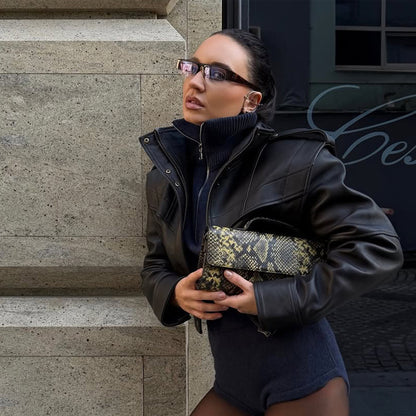 Women Short Vegan Leather Jacket with Distinctive Shoulder Structure and Cropped Cut EVA-US