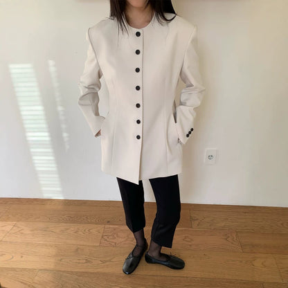 Women Tailored Blazer with Sculptural Shoulder, Round Neckline and Contrast Button Placket EVA-US