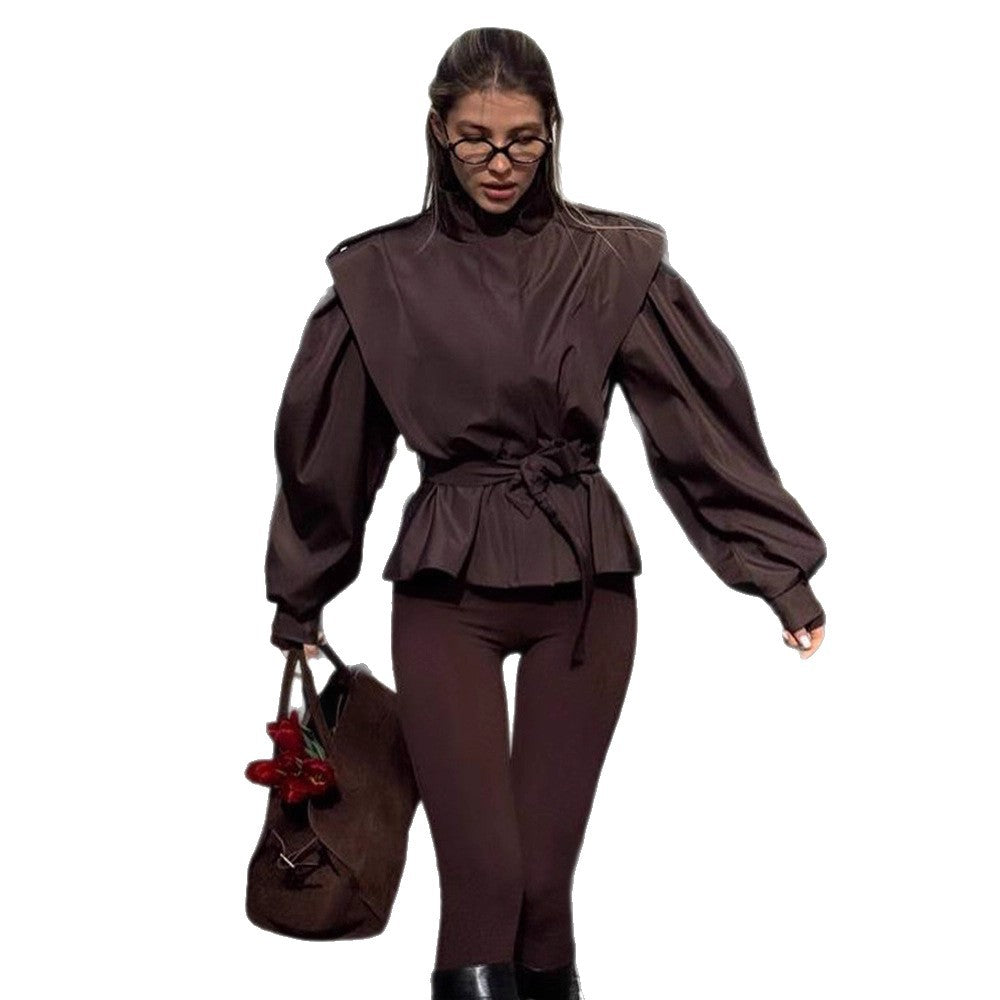 Women Tailored Peplum Jacket with Tie Belt and Voluminous Sleeves EVA-US