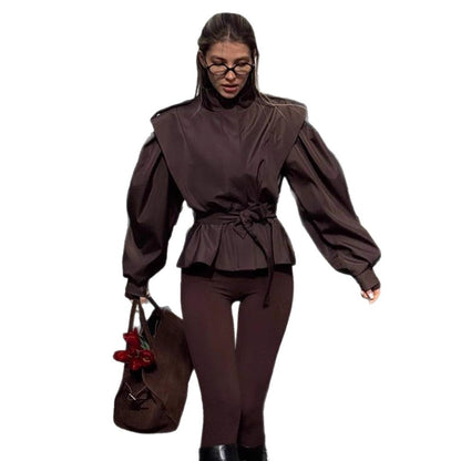 Women Tailored Peplum Jacket with Tie Belt and Voluminous Sleeves EVA-US