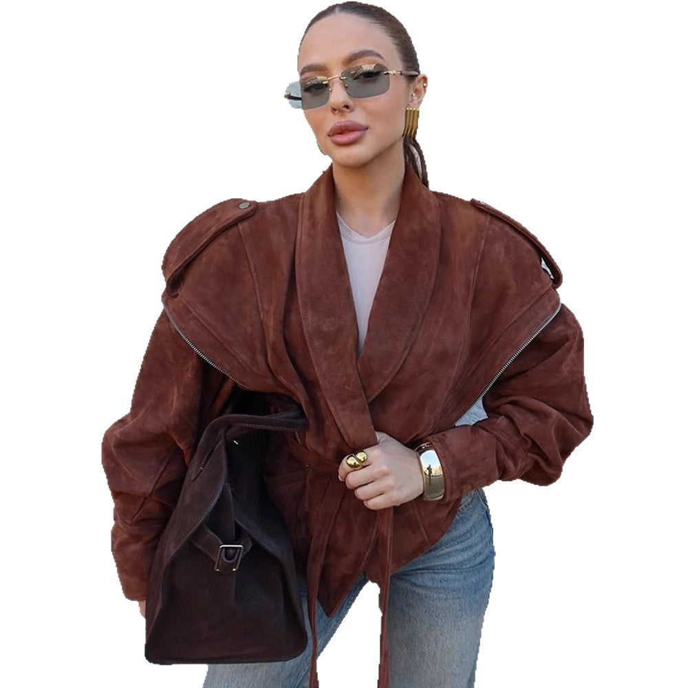 Ladies Velvet Leather Wrap Jacket with Wide Shawl Collar and Waist Belt EVA-US