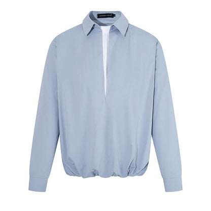 Women Elegant Blouse with concealed V-slit front, shirt collar and elastic hem