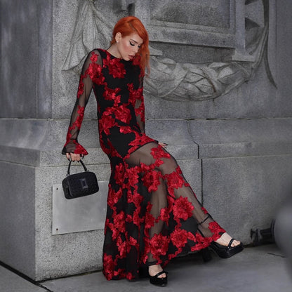Women’s maxi dress with transparent mesh and floral embroidery EVA-US