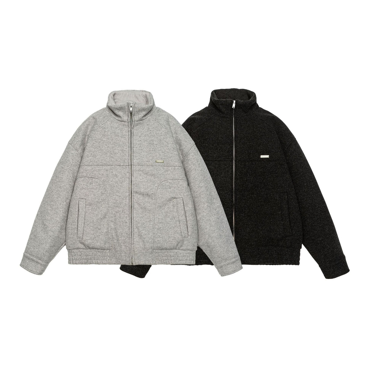 Men's short-cut boxy wool fleece jacket with high stand-up collar and full-length zipper EVA-US