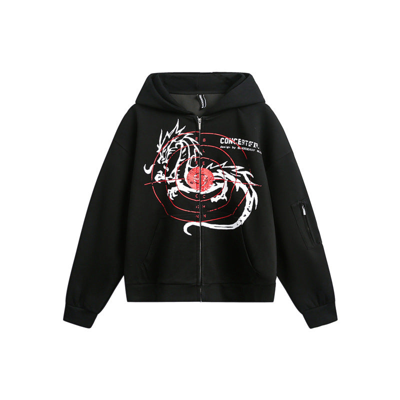 Unisex Oversize Hoodie Zip Jacket with Dragon Print and Arm Pocket EVA-US