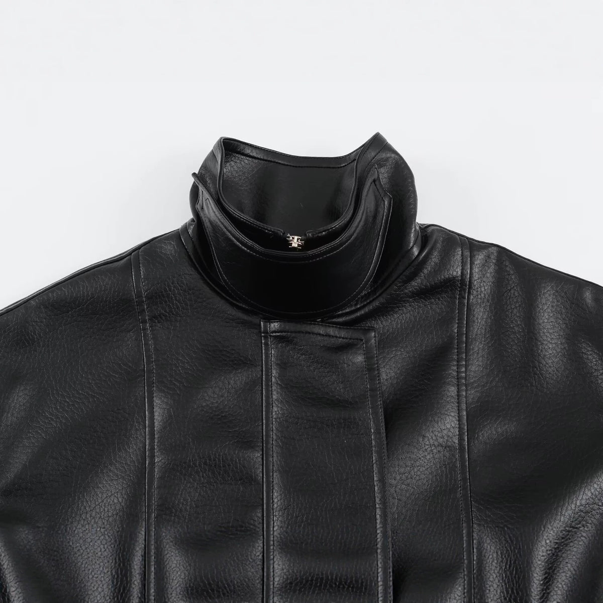 Women's Oversized Faux Leather Jacket with High Funnel Collar and Patch Pockets EVA-US