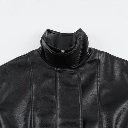 Women's Oversized Faux Leather Jacket with High Funnel Collar and Patch Pockets EVA-US