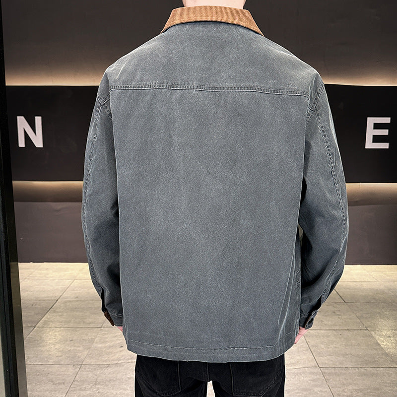 Men's canvas field jacket with cord collar, full-length zipper, and ergonomic seam details EVA-US