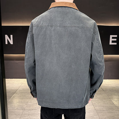 Men's canvas field jacket with cord collar, full-length zipper, and ergonomic seam details EVA-US