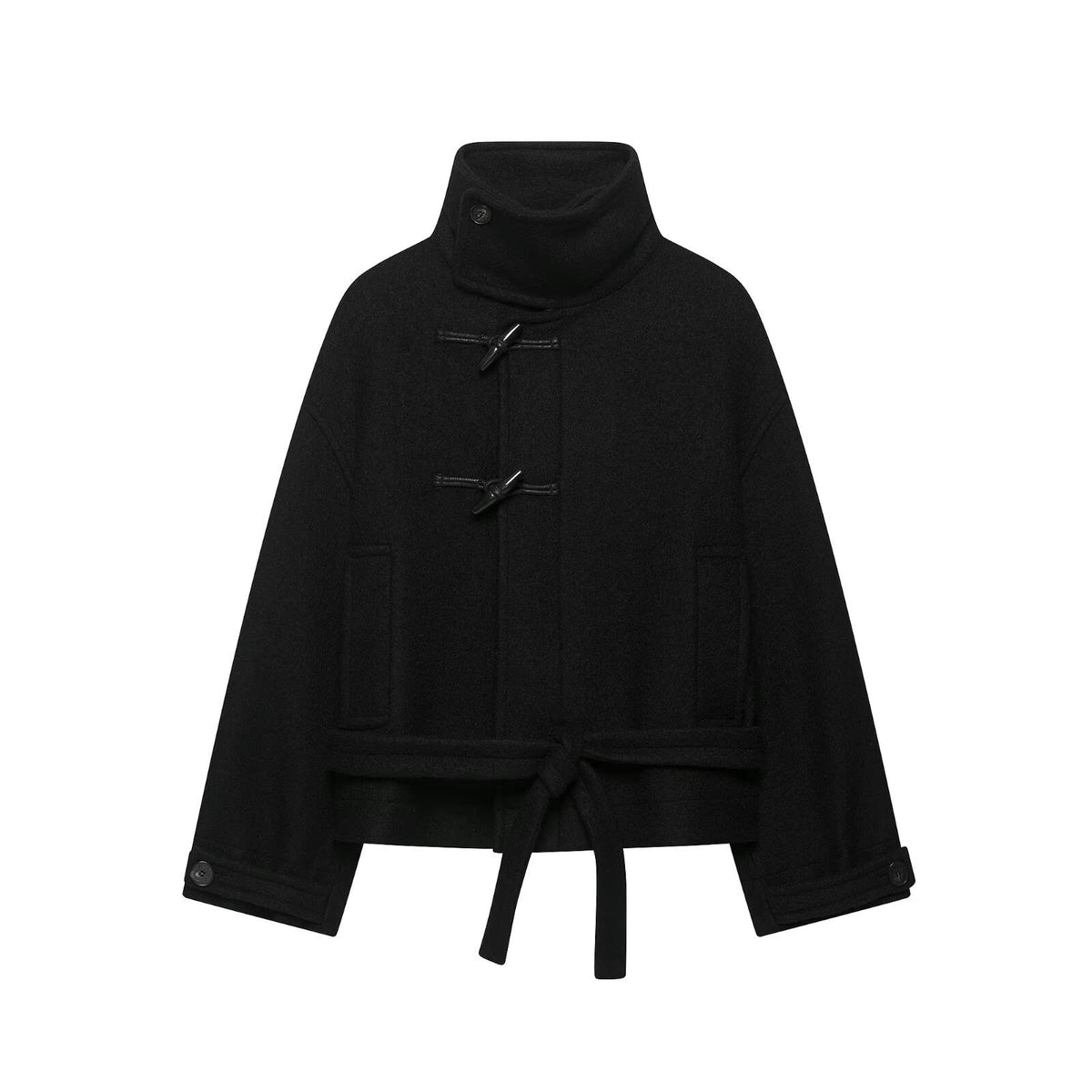 Women Short Duffle Cape Jacket with Stand-up Collar, Toggle Closures and Waist Belt EVA-US