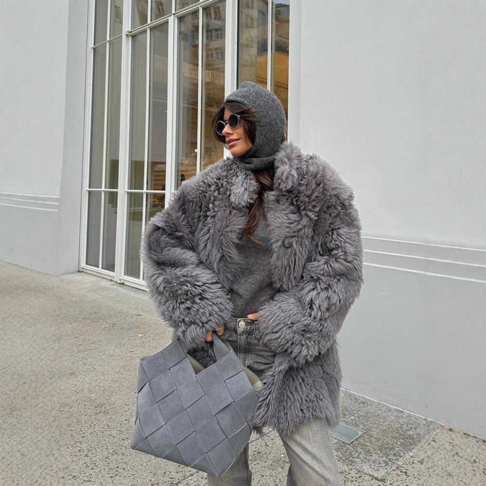 Women's Short Oversize Faux Fur Coat with Voluminous Curly Texture and Button Closure EVA-US