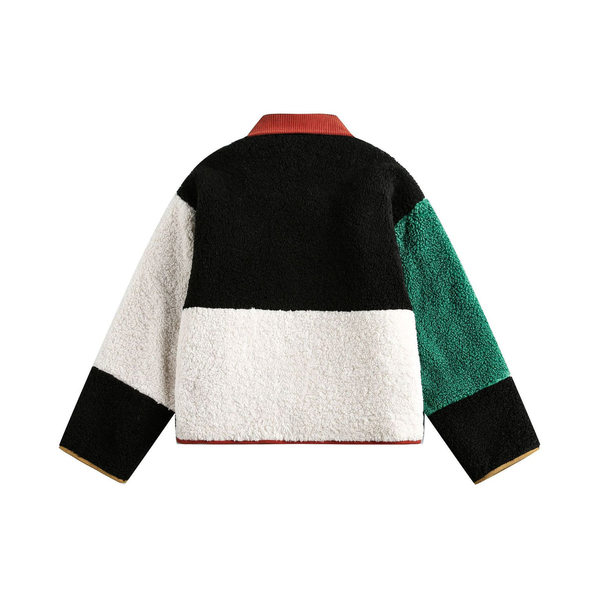 Unisex Boxy Patchwork Sherpa-Fleece Jacket with Cord Collar and Patch Pockets EVA-US