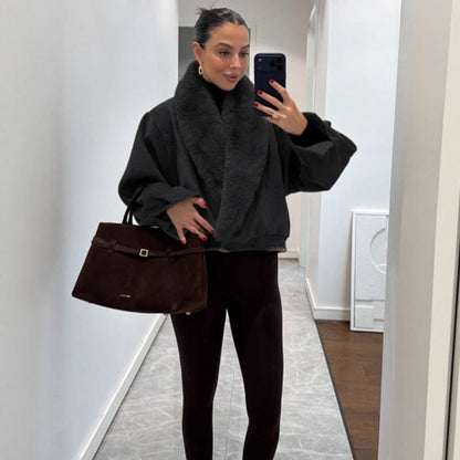 Women’s short jacket with voluminous faux fur shawl collar and elastic hem EVA-US