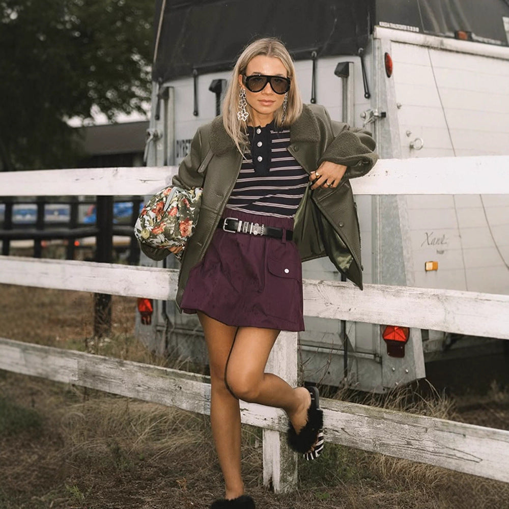Ladies Short Aviator-Style Bomber Jacket with Teddy Lining and Boxy Silhouette EVA-US