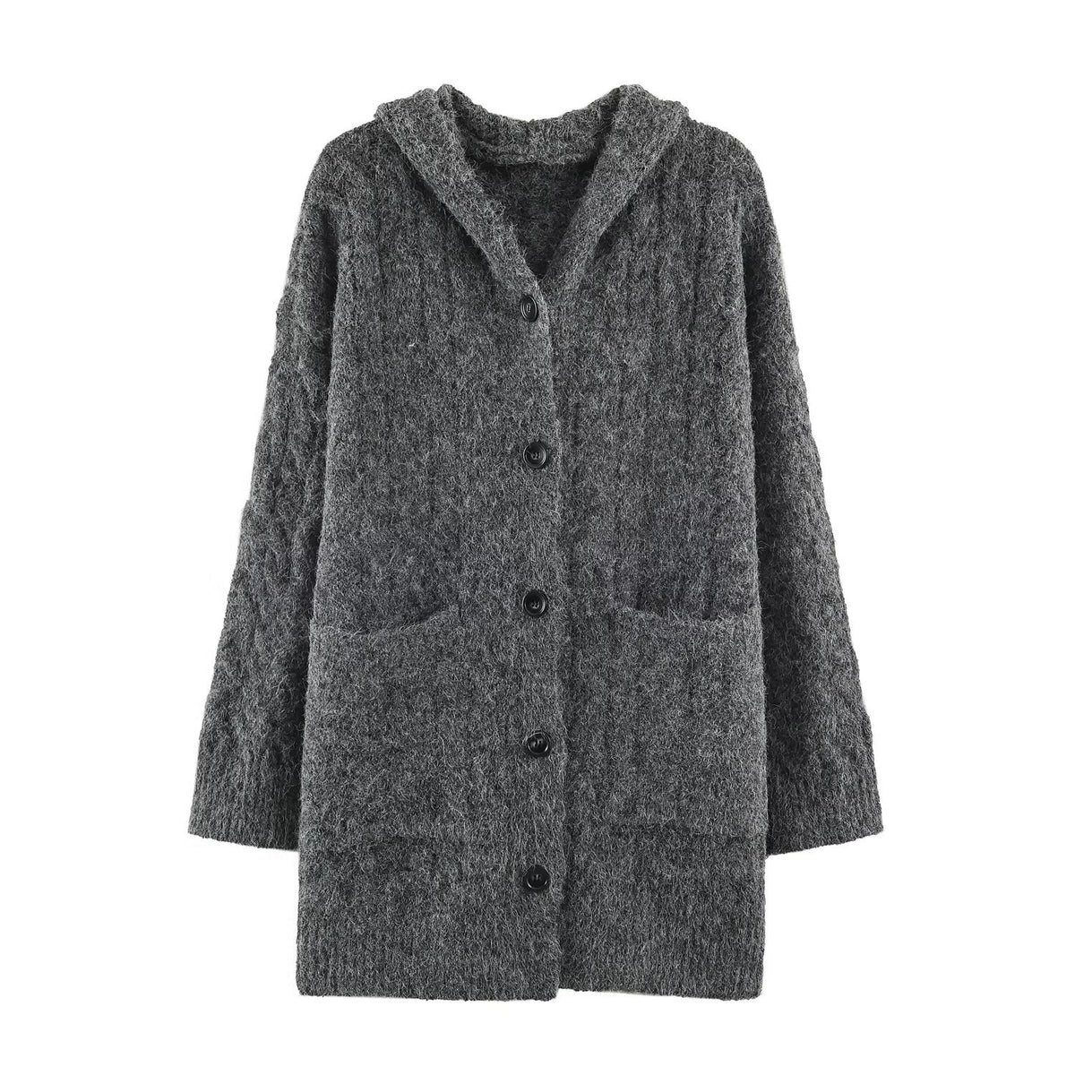 Women's Long Knitted Hooded Cardigan with Cable Pattern and Button Placket EVA-US