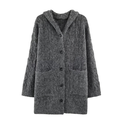 Women's Long Knitted Hooded Cardigan with Cable Pattern and Button Placket EVA-US