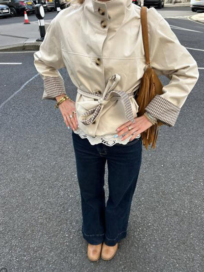 Women's Short Tailored Faux Leather Jacket with Stand-Up Collar, Check Cuffs & Tie Belt EVA-US