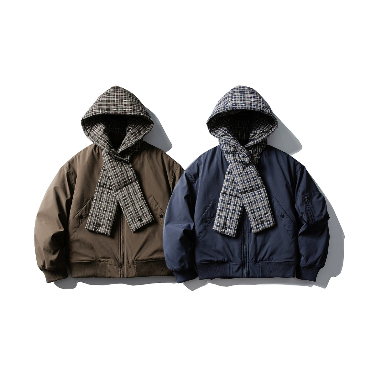 Men's Windproof Bomber Jacket with Quilted Checkered Hood and Integrated Scarf EVA-US