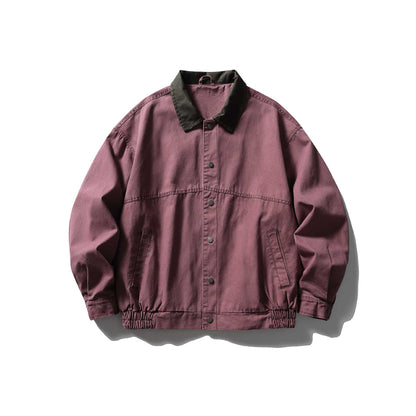 Men's tailored canvas blouson with contrasting leather collar and elastic hem.