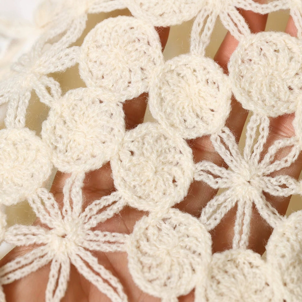 Women's crochet pullover with floral lace look, scallop hem, and delicate ribbon EVA-US