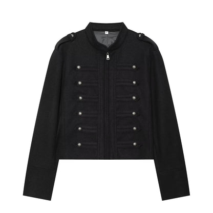 Women's Short Jacket Military-inspired Wool Blend Cropped Jacket with Stand Collar, Epaulettes and Decorative Button Placket EVA-US