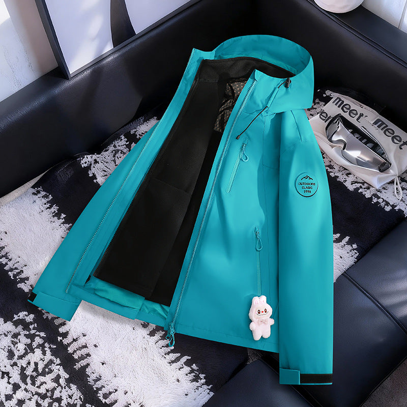 Women Lightweight Waterproof Hooded Jacket with Teddy Charm and Concealed Zipper Pockets EVA-US