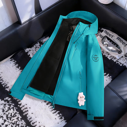 Women Lightweight Waterproof Hooded Jacket with Teddy Charm and Concealed Zipper Pockets EVA-US