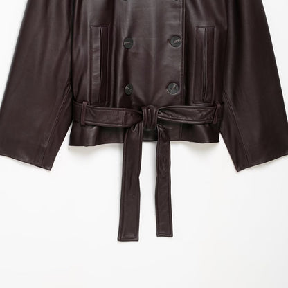 Women Short Leather Trench Coat Jacket with High Standing Collar, Double-Breasted Button Placket and Waist Belt EVA-US