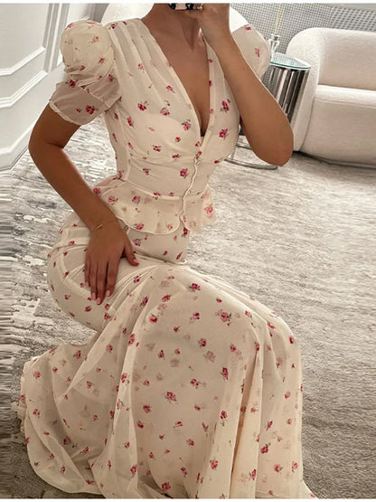 Women Floral Satin Midi Dress with Deep V-Neck, Puff Sleeves and Tapered Gather EVA-US