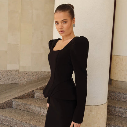 Women's Tailored Corset Blazer Top with Square Neckline, Peplum and Emphasized Shoulders EVA-US