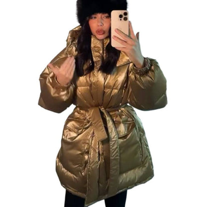Women's quilted winter jacket with drawstring waist and high standing collar EVA-US