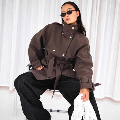 Women's Tailorable Oversize Short Trench with High Stand Collar, Snap Button Front and Tie Belt EVA-US
