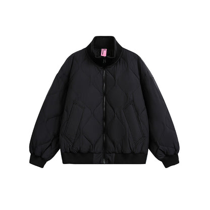 Ladies Quilted Short Blouson Jacket with Stand-Up Collar and Elastic Hem